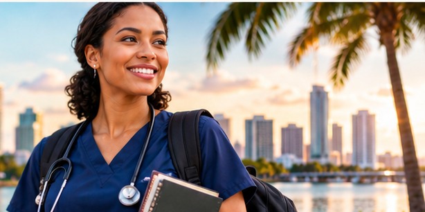 Nursing graduate in scrubs in a Florida setting